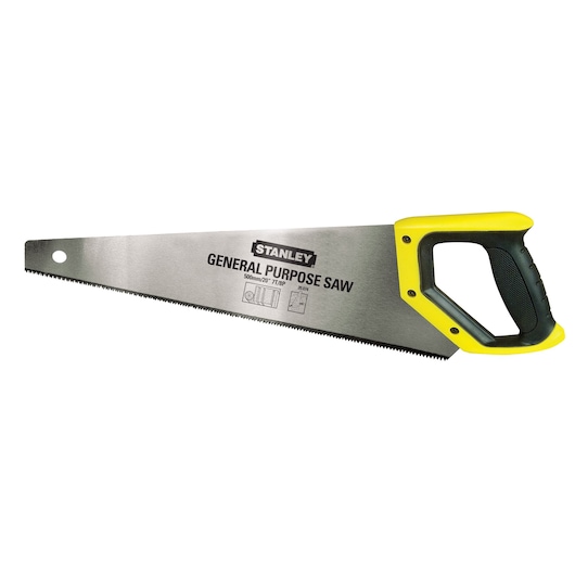 STANLEY 20-074 general purpose saw with yellow and black handle, side angle on white background.