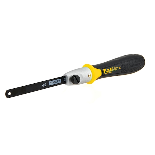 Stanley FatMax keyhole saw side view with black blade, yellow and black handle on white background