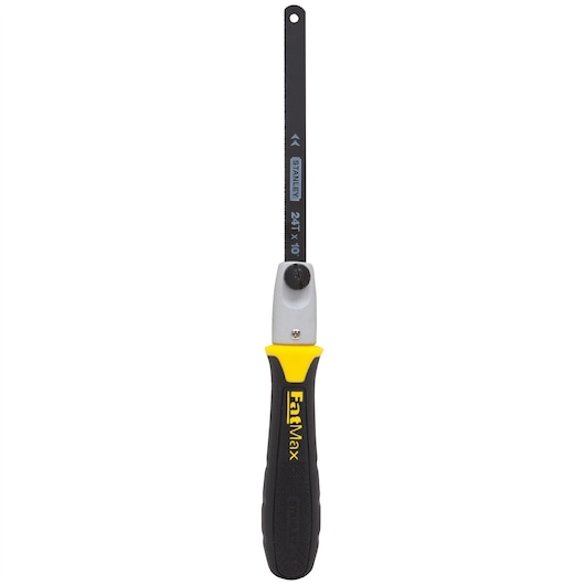 STANLEY 20-220 FatMax® keyhole saw with black blade and yellow-black handle, front angle, photography.