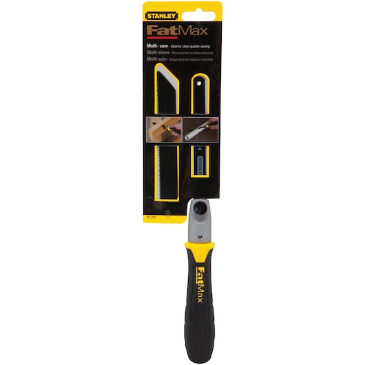 STANLEY 20-220 FatMax multi-saw black and yellow handle, front angle, in retail packaging.