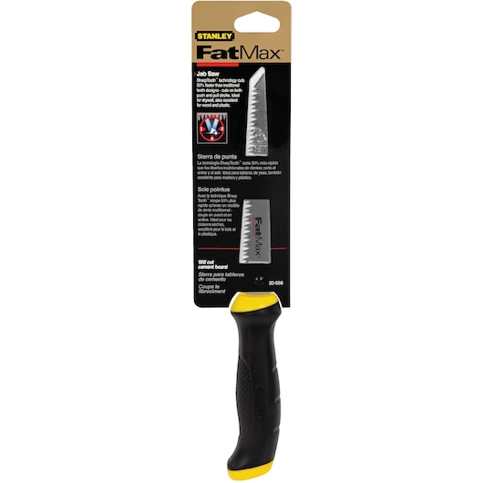 STANLEY 20-556 FatMax jab saw with black handle and yellow accents, front angle on white background.