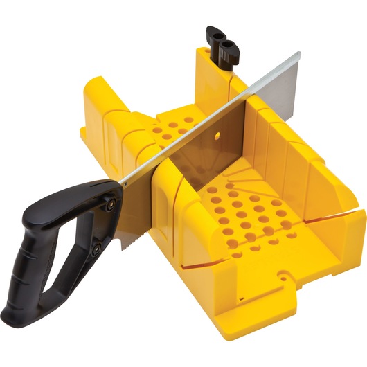 Stanley miter box and saw, yellow plastic with black handle, side angle on white background