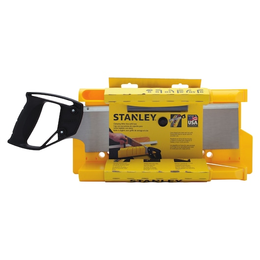 STANLEY 20-600 miter box and saw, yellow plastic box with black saw handle, front view on white background.