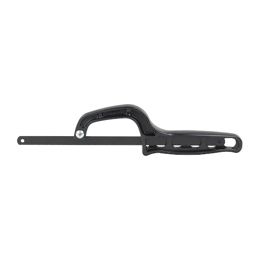 STANLEY 20-807 compact hacksaw with black handle and straight blade, side angle on white background.