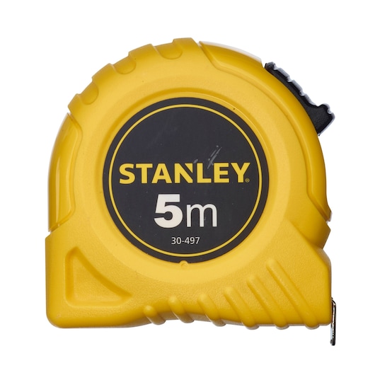 STANLEY 30-497L tape measure, 5 meter length, yellow and black casing, front view on white background.
