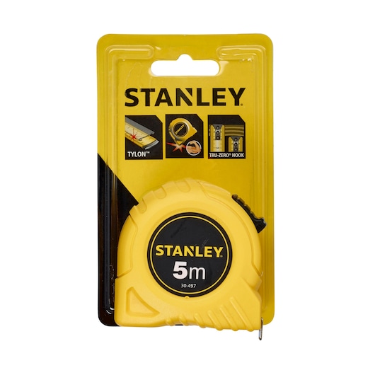 Photo of STANLEY 30-497L tape measure, 5m length, yellow case, retail packaging, front angle.