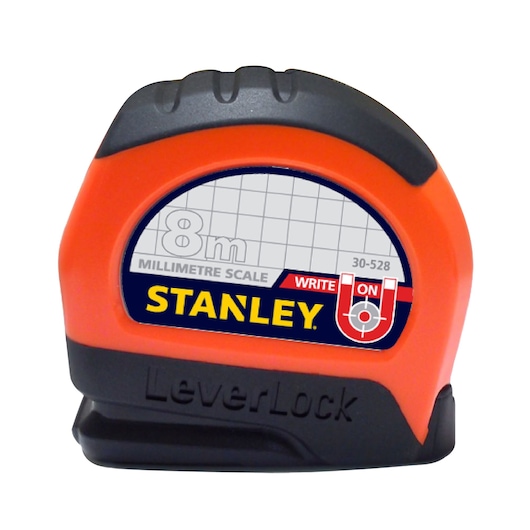 Photo of STANLEY 30-528 tape measure, orange and black casing, millimetre scale, LeverLock design, front angle.