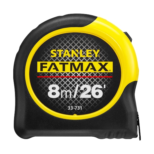 STANLEY 33-731 FATMAX tape measure, 8m/26ft, black and yellow, front angle photo.