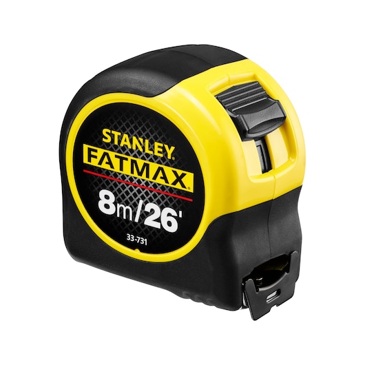 STANLEY 33-731 FATMAX tape measure, 8m/26ft, black and yellow, photography, front angle on white background.
