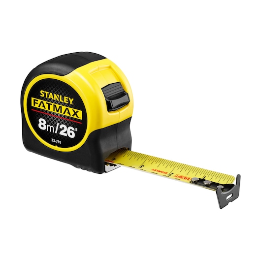 STANLEY FATMAX 8m/26' tape measure, SKU 33-731, yellow and black, side angle on white background.