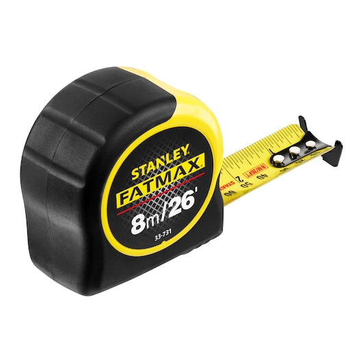 STANLEY 33-731 FATMAX tape measure, black and yellow, 8m/26ft, shown angled on white background.