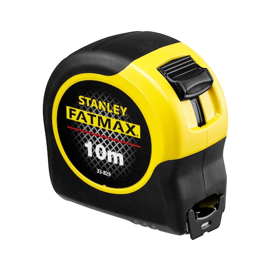 Photo of STANLEY 33-829 FATMAX 10m tape measure, black and yellow, angled on white background.