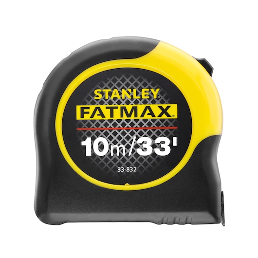 STANLEY 33-832 tape measure, FATMAX series, black and yellow case, 10m/33ft, front view on white background.