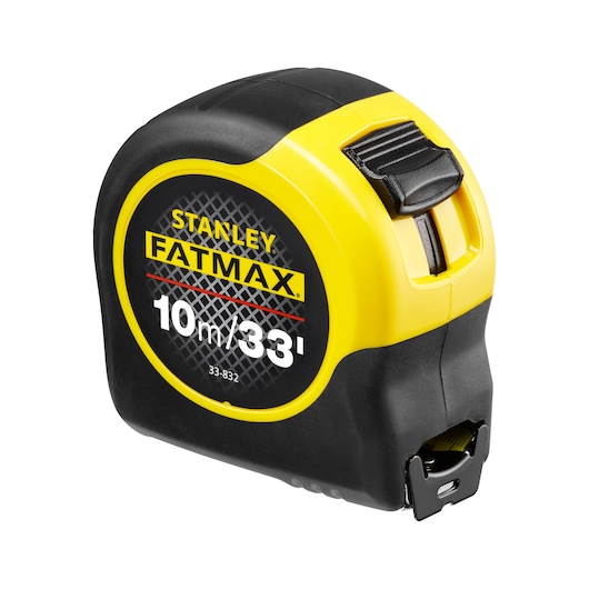 STANLEY 33-832 tape measure, FATMAX series, yellow and black casing, 10m/33ft length, front angle on white background.