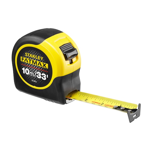 STANLEY 33-832 FATMAX tape measure, yellow and black, angled view, extended yellow measuring tape.