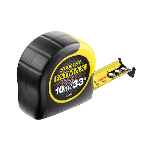 STANLEY 33-832 tape measure, FATMAX series, black and yellow, angled view, extended yellow blade.
