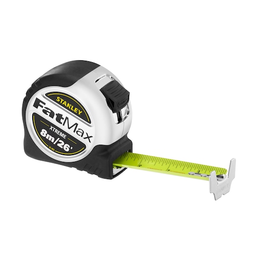 Stanley FatMax Xtreme tape measure, 8m/26ft length, black and silver housing with yellow blade.
