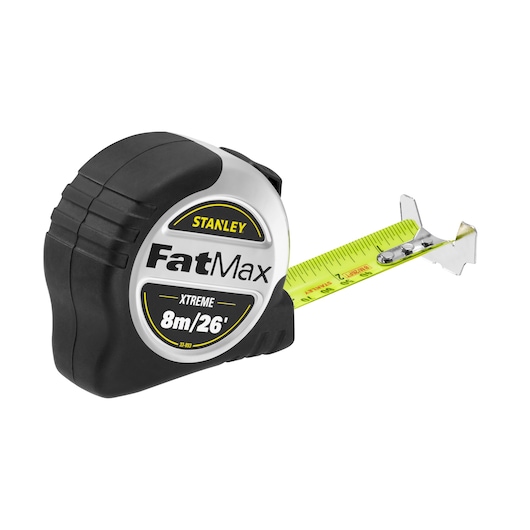 Stanley FatMax Xtreme tape measure showing 8m/26ft marking, black and silver casing.