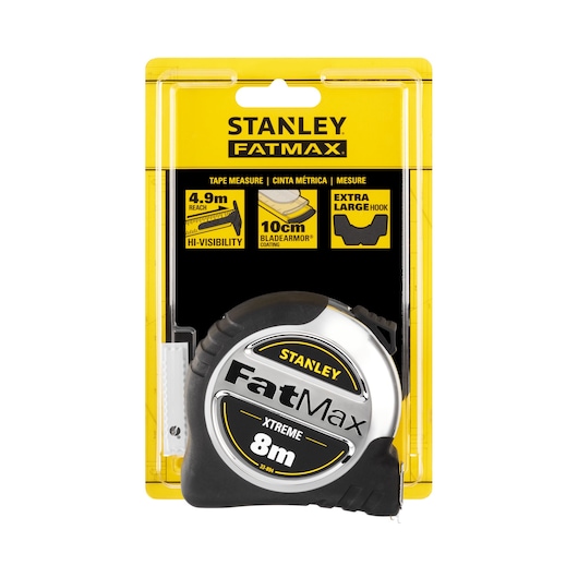 Photo of STANLEY 33-894 tape measure FatMax 8m in packaging, silver and black casing, front angle on white background.