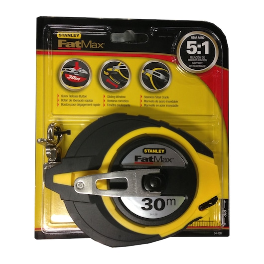 STANLEY 34-138 FatMax 30m tape measure, black and yellow, front angle, in retail packaging.