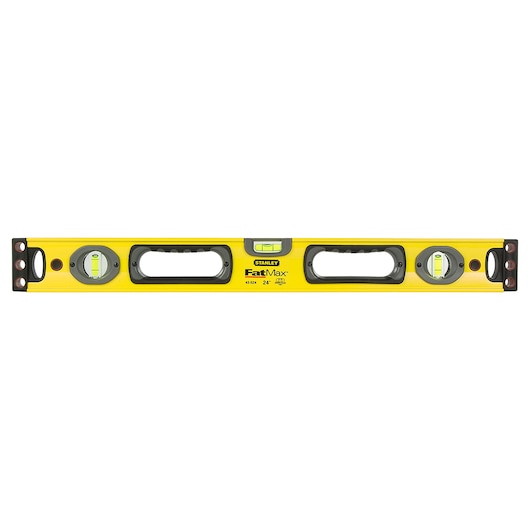 STANLEY 43-524 yellow FatMax level tool with three bubble vials, handles, front view.