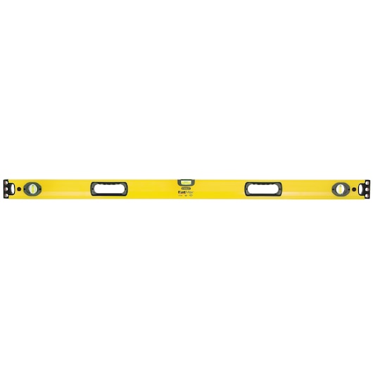Stanley yellow box level with three vials, two handles, front view on white background