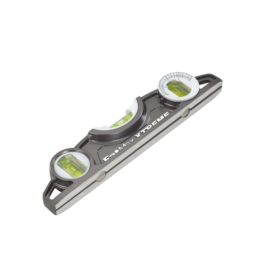 STANLEY 43-609 torpedo level with three vials and angle finder, side view on white background.