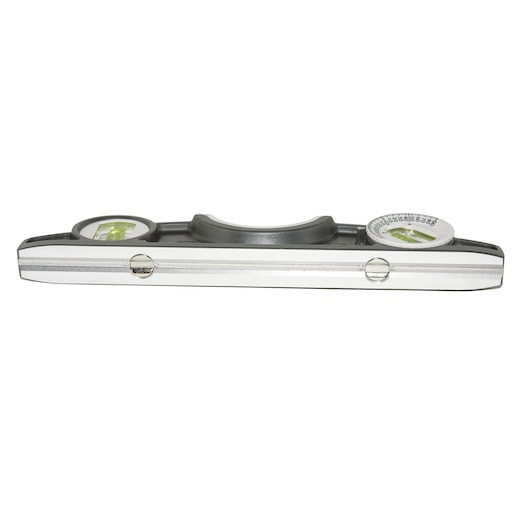 Aluminum spirit level with handle and vials, used for precise leveling and measuring angles.