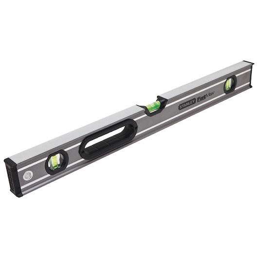 Stanley FatMax spirit level with three bubble vials and handle for precise alignment in construction or photography.