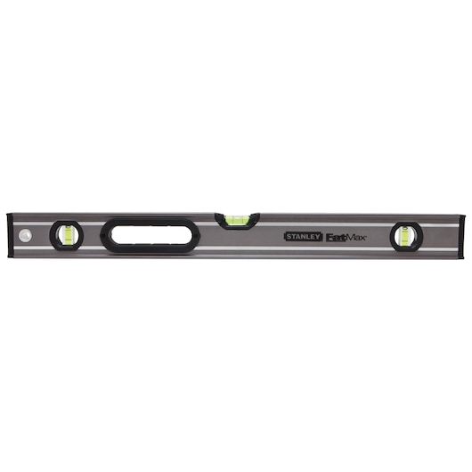 STANLEY 43-624 spirit level, silver with black and yellow details, front angle on white background.
