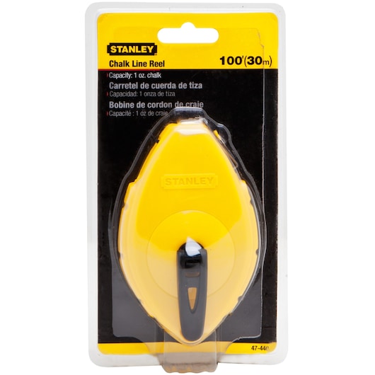 Stanley 47-440 chalk line reel, yellow and black, front view, in retail packaging.