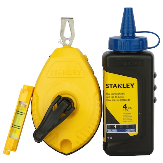 STANLEY 47-443 chalk line kit with yellow chalk reel, level, and blue marking chalk, front angle.