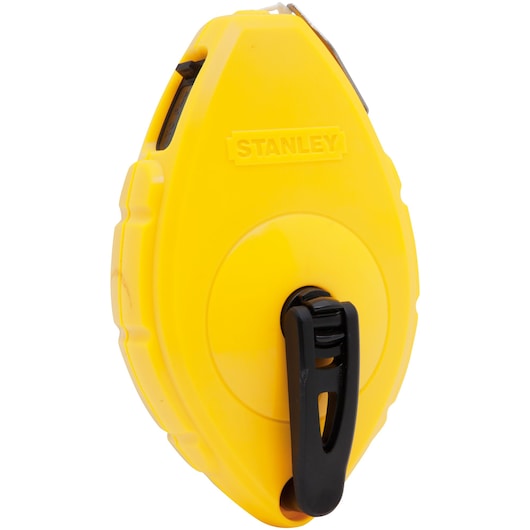 Stanley chalk line reel, yellow plastic housing, black crank, angled shot on white background
