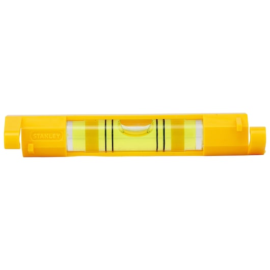 STANLEY 47-443 yellow plastic line level, front view on white background.