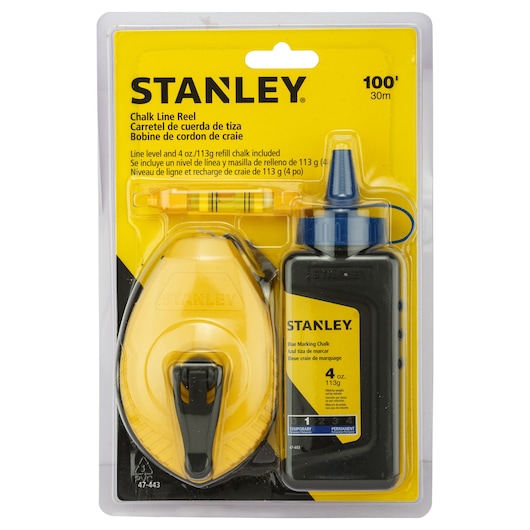STANLEY 47-443 chalk line reel kit with yellow reel, blue chalk bottle, and line level in retail packaging, front view.