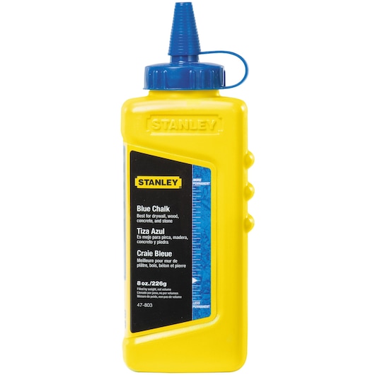 Stanley blue chalk bottle, 8oz, yellow container with blue cap, front view on white background