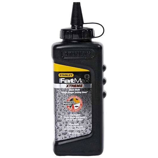 Stanley FatMax Xtreme black chalk bottle with nozzle for marking lasting lines.