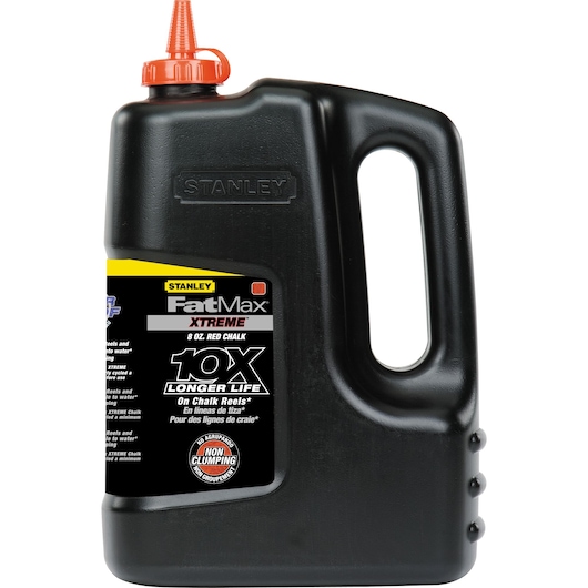 STANLEY SKU 47-827 photography of FatMax XTREME black chalk bottle with red nozzle, front angle on white background.