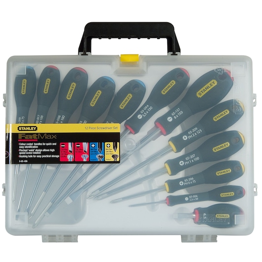 STANLEY 5-65-426 screwdriver set, 12 pieces, in clear plastic case, top angle view.