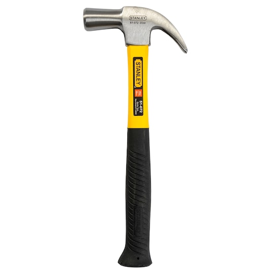 Stanley claw hammer with yellow shaft and black handle, suitable for construction and carpentry work.