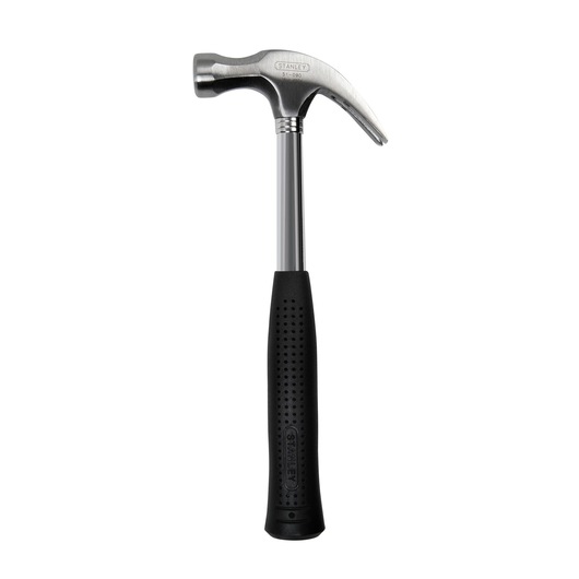 Stanley claw hammer with metal head and black rubber grip handle, shown against a white background.