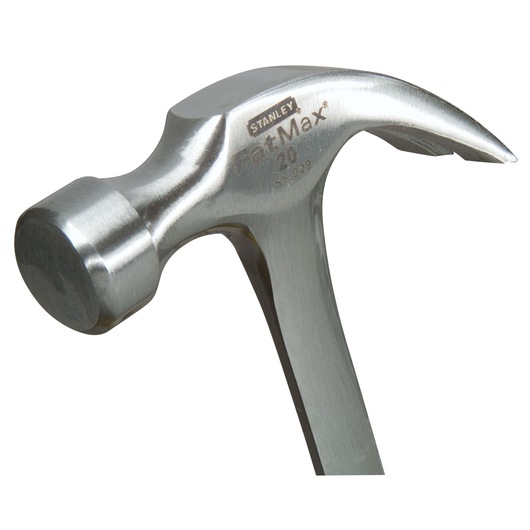 Close-up of a Stanley FatMax claw hammer with a metal head and curved claw for nails.