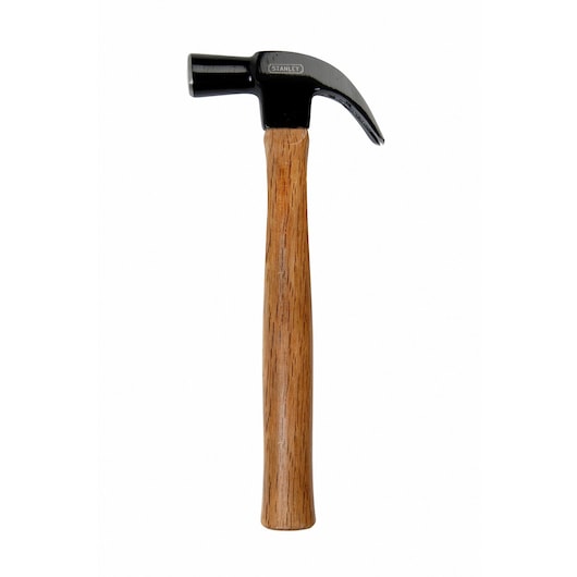 Stanley claw hammer with a wooden handle, shown upright against a white background.