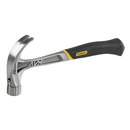 STANLEY 51-538 claw hammer with AVX steel head and black grip, side view on white background.