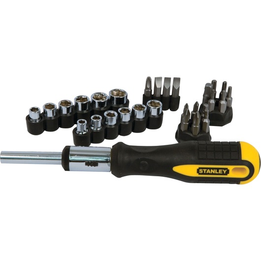 STANLEY 54-925 ratchet screwdriver set with yellow and black handle, sockets, and assorted bits, front angle.