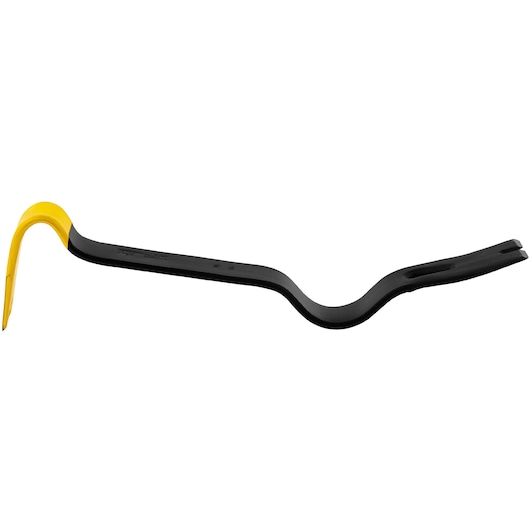 Black and yellow curved pry bar tool with flat and angled ends, used for prying and nail removal.