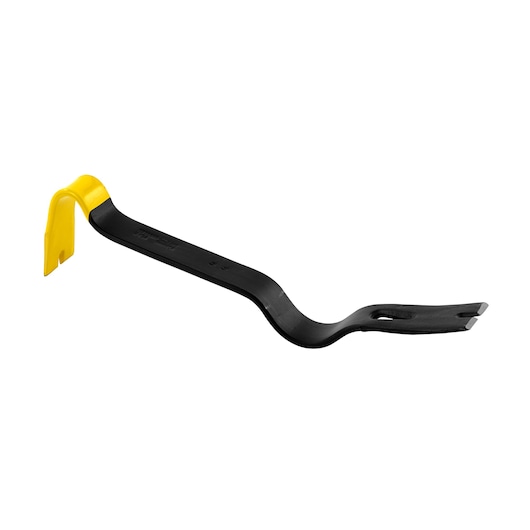 Stanley curved pry bar with yellow end for prying and nail removal, shown on a white background.