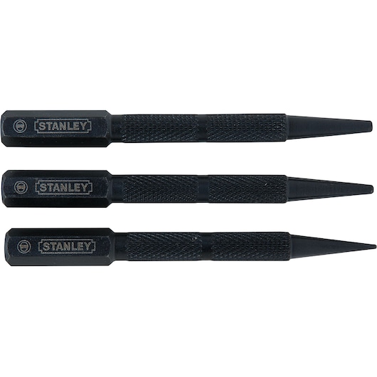 Stanley 58-230 punch set, black steel, knurled grip, photography, flat lay on white background.