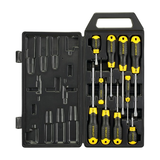 Stanley screwdriver set in black case with yellow and black handles, organized for storage and transport.