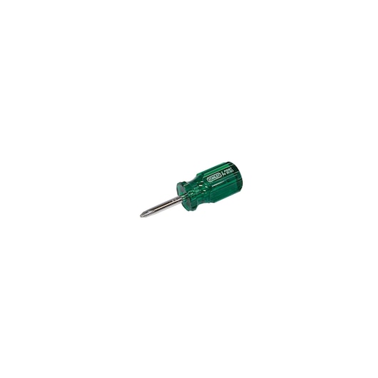 STANLEY 65-523 stubby Phillips screwdriver with green translucent handle, side angle, white background.